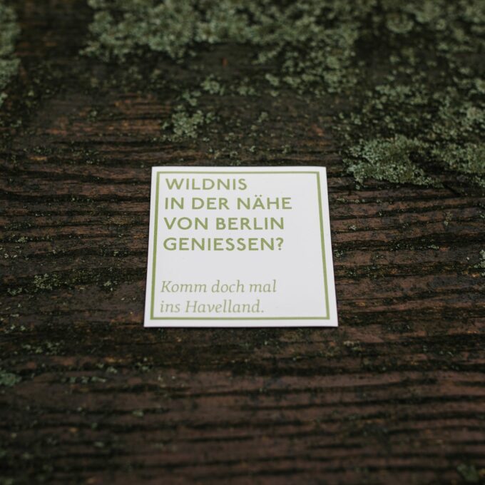 quadratischer Spruchmagnet, weiß mit grüner Aufschrift "Wildnis in der Nähe von Berlin erleben? Komm doch mal ins Havelland."
